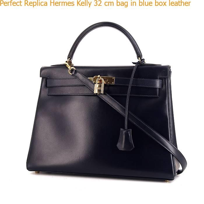Perfect Replica Hermes Kelly 32 cm bag in blue box leather – Hermes ...